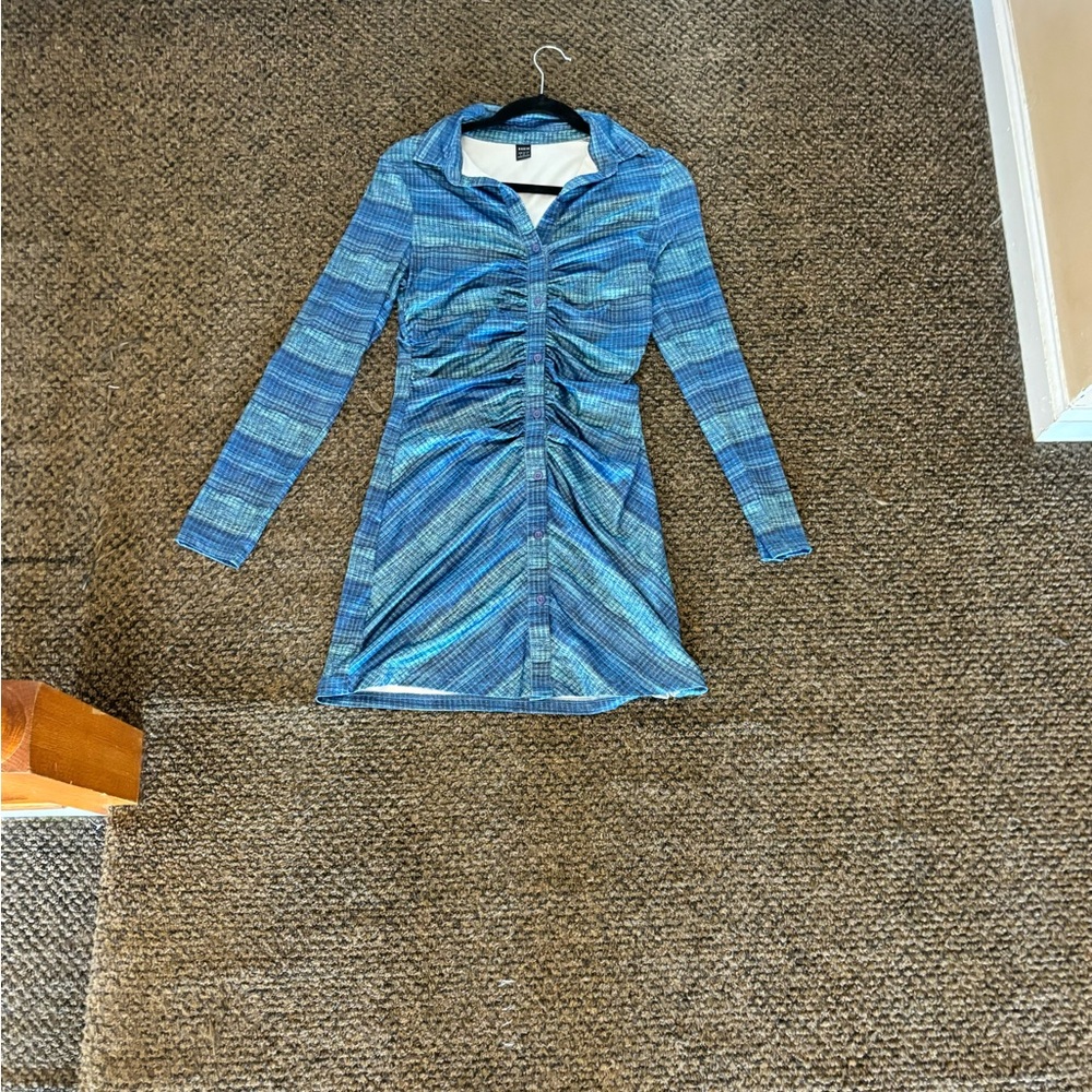 Blue Ruched Long Sleeve Dress